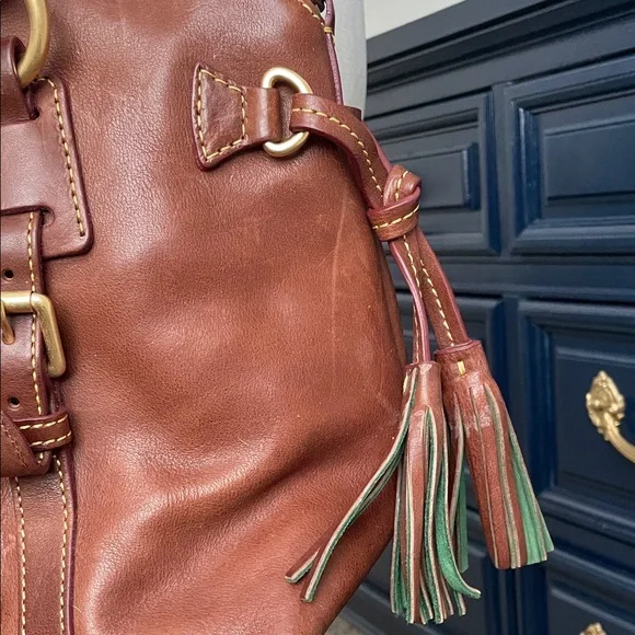 Dooney & Bourke Dark Brown Leather Florentine Satchel with Tassel Accent - Picture 3 of 9